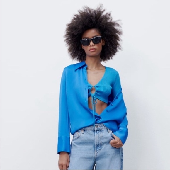 NWT Zara Blue Ruched Cut Out Knit Top - Picture 2 of 14